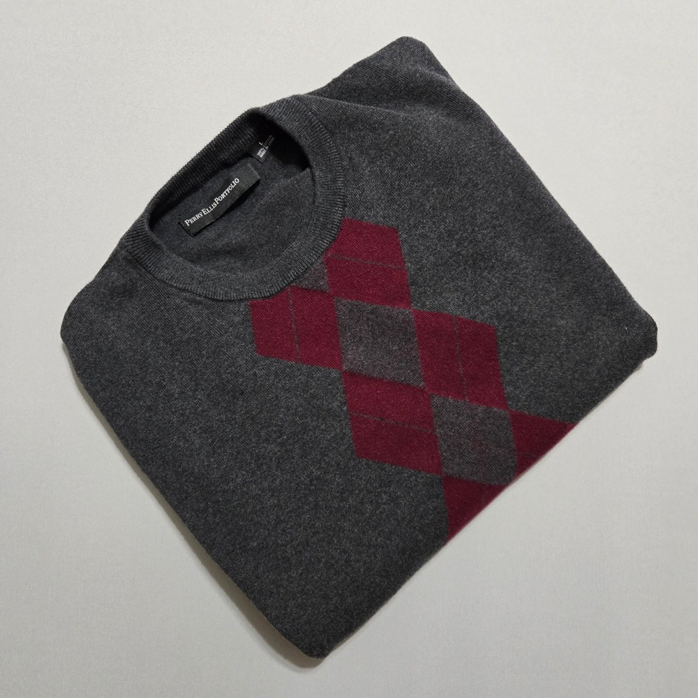 Perry Ellis Portfolio‎ Sweater Men L Gray Burgundy Argyle Cotton Crew Pullover